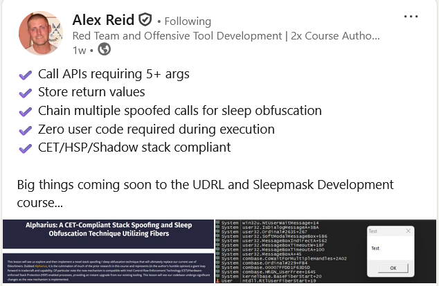 Alex Reid's LinkedIn teaser hinting at a new sleep technique, codenamed 'Alpharius'